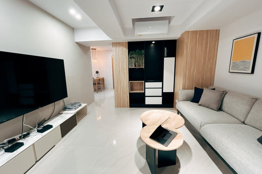 Modern living room in Taipei Taiwan short-term apartment with minimalist design - Kolette Home