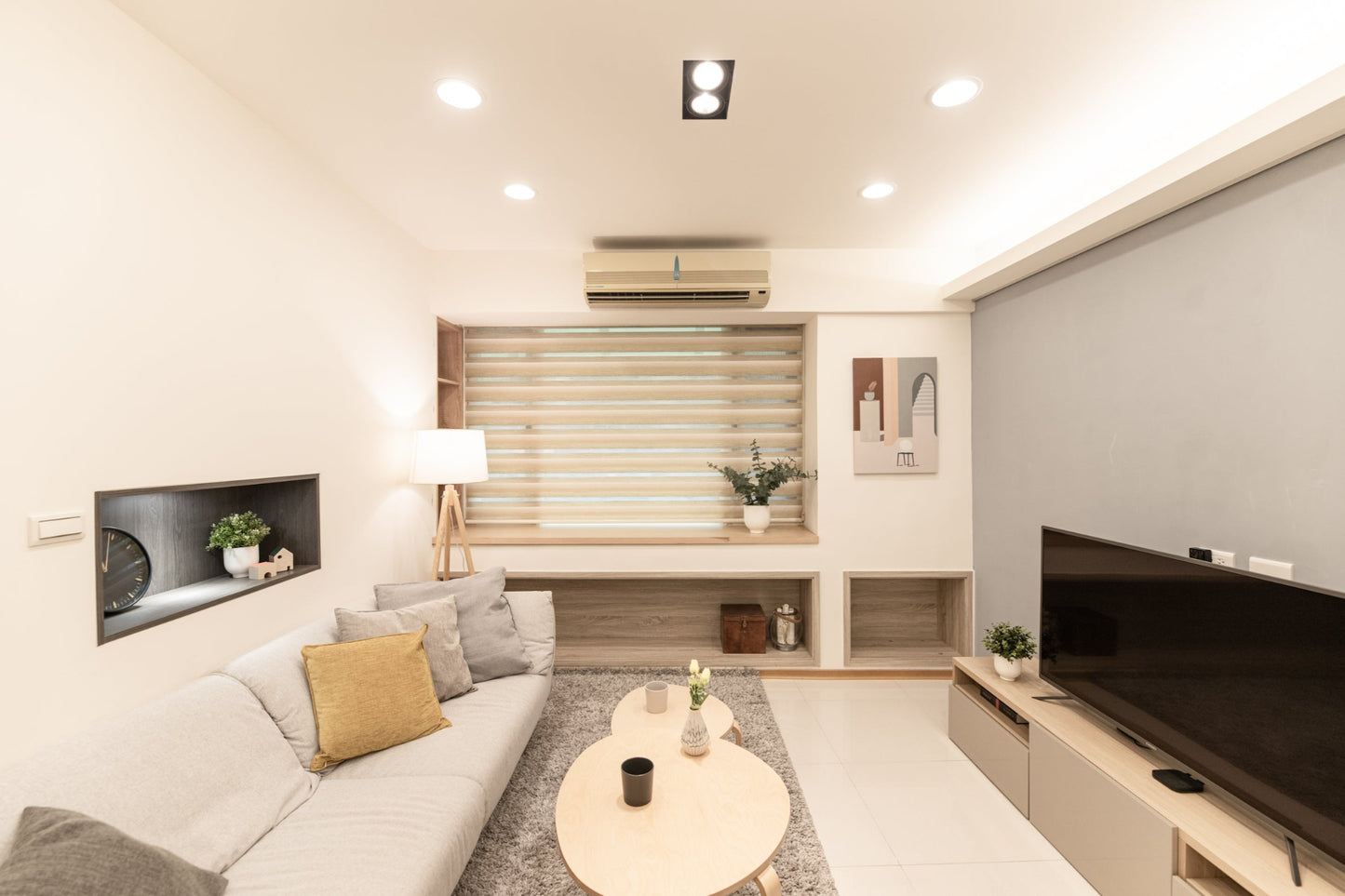 Modern living room in Taipei Taiwan short-term apartment with minimalist design - Kolette Home