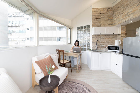 Modern living room in Taipei Taiwan short-term apartment with minimalist design - Kolette Home
