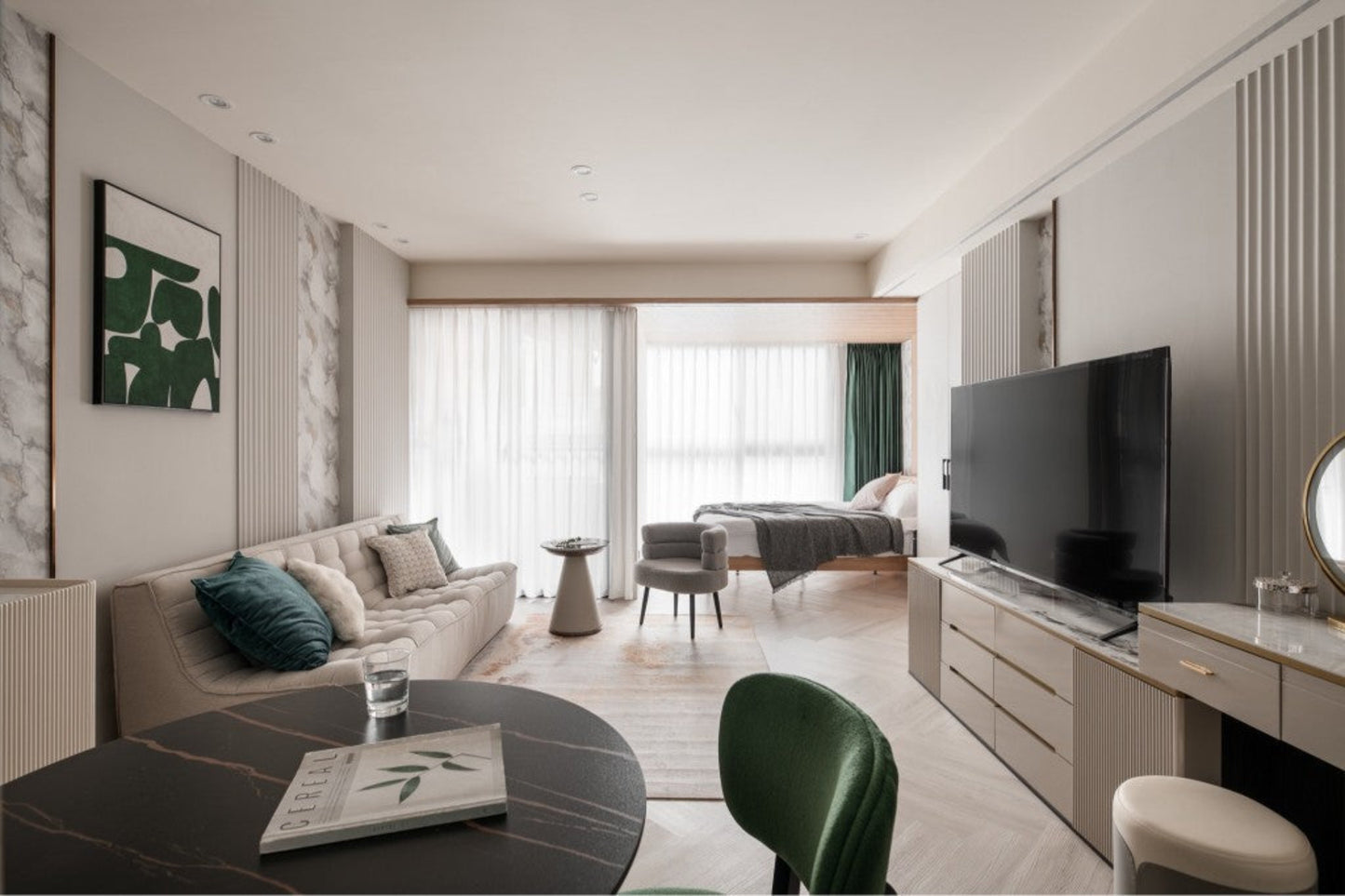 Modern living room in Taipei Taiwan short-term apartment with minimalist design - Kolette Home