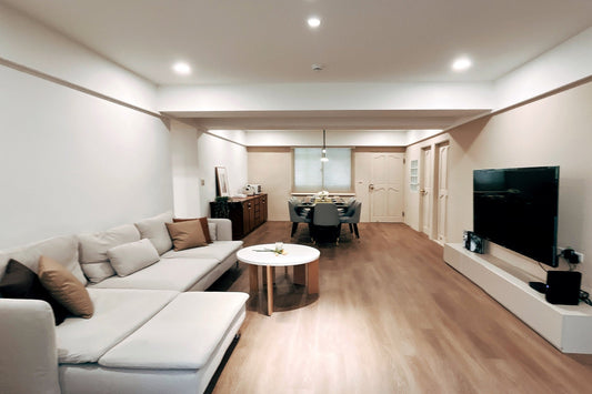 Modern living room in Taipei Taiwan short-term apartment with minimalist design - Kolette Home
