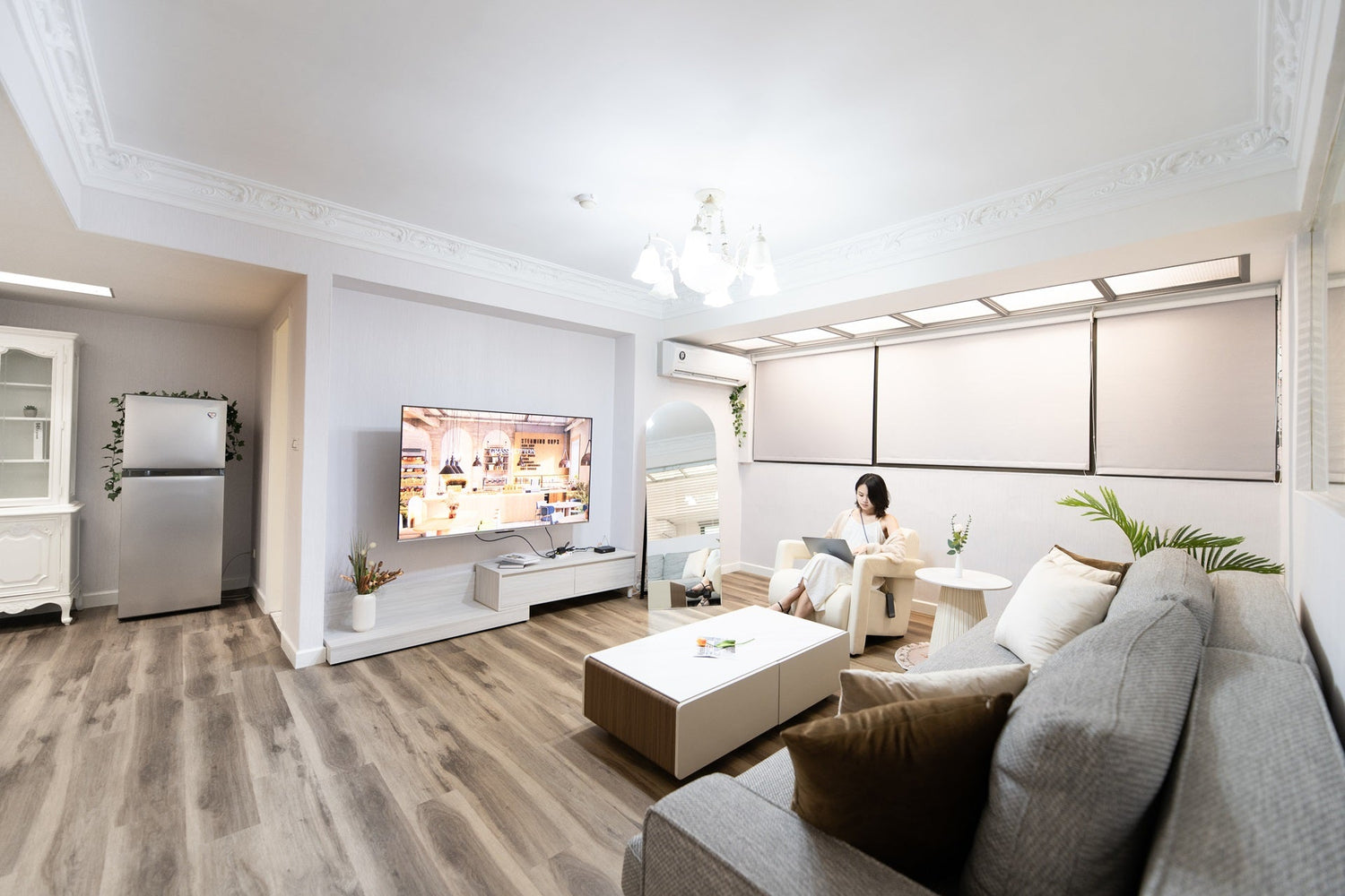 Modern living room in Taipei Taiwan short-term apartment with minimalist design - Kolette Home