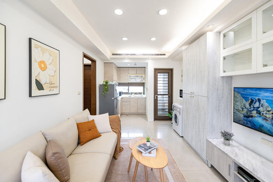 Modern living room in Taipei Taiwan short-term apartment with minimalist design - Kolette Home